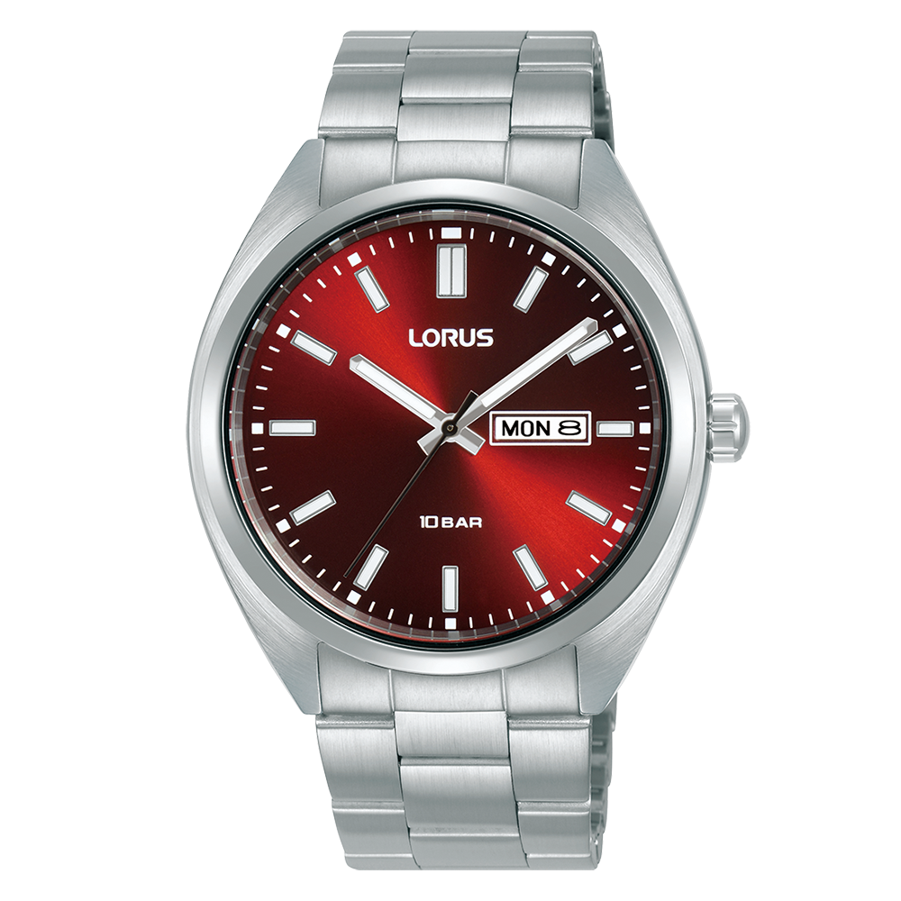 Lorus Gents Stainless Steel Bracelet Watch Red Face Date Square