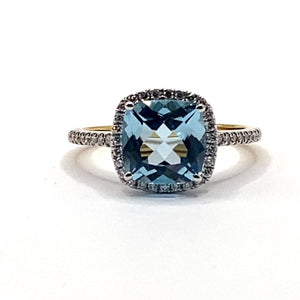 18ct Gold Cushion Cut Blue Topaz Diamond Ring