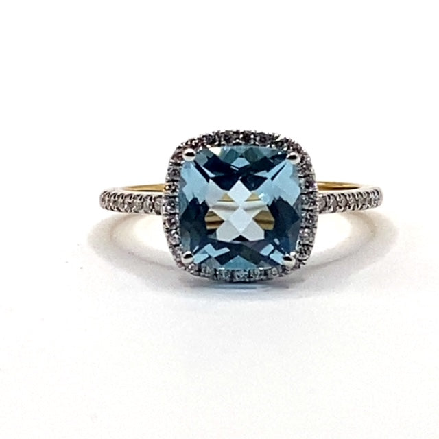 18ct Gold Cushion Cut Blue Topaz Diamond Ring