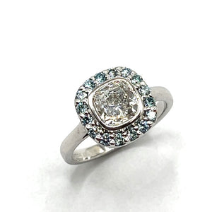 Secondhand 18ct White gold 0.91ct Cushion Cut White and Blue Diamond Ring
