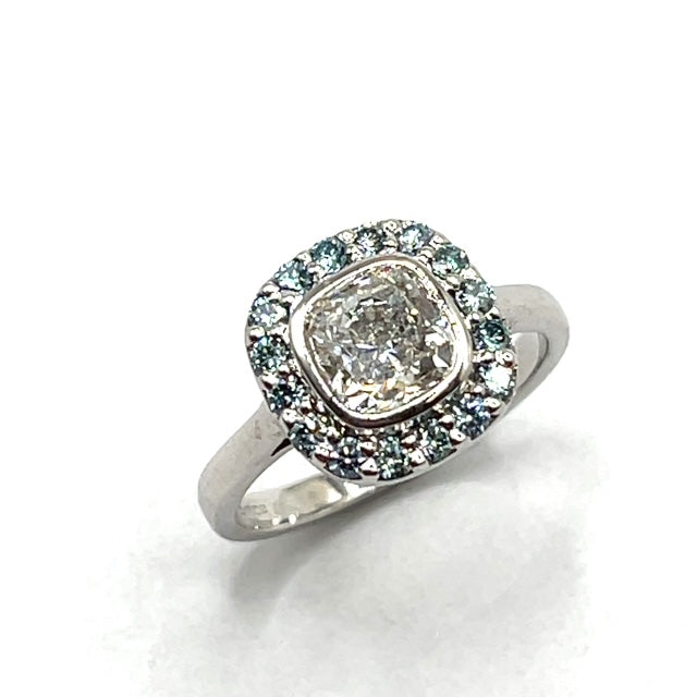 Secondhand 18ct White gold 0.91ct Cushion Cut White and Blue Diamond Ring