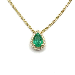 18ct Gold Emerald and Diamond Pear Halo Necklace