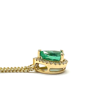 18ct Gold Emerald and Diamond Pear Halo Necklace
