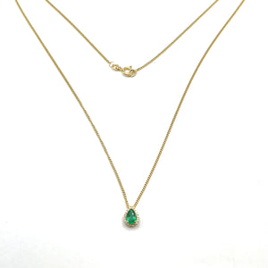 18ct Gold Emerald and Diamond Pear Halo Necklace