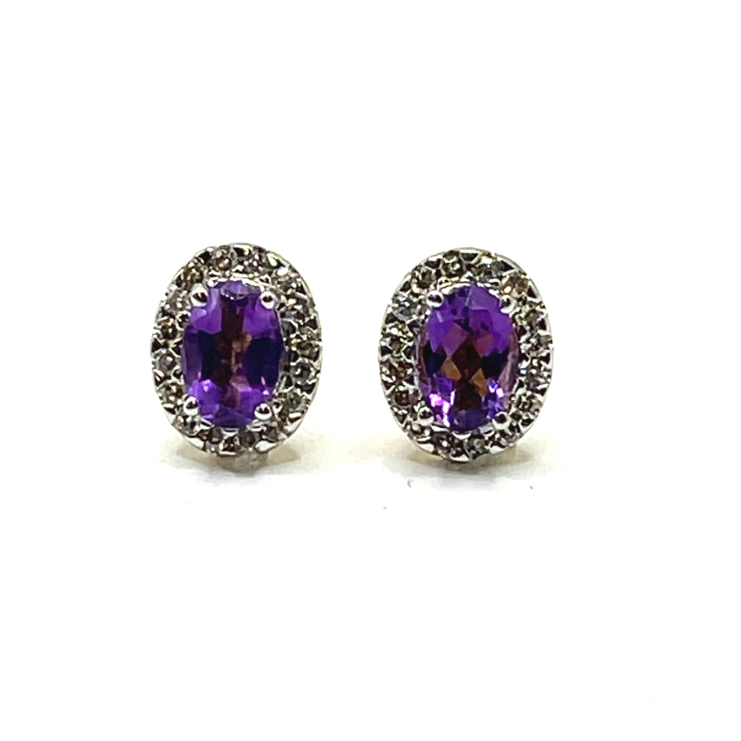 9ct Gold Amethyst and Diamond Oval Cluster Earrings