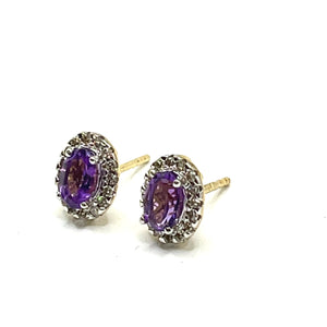 9ct Gold Amethyst and Diamond Oval Cluster Earrings