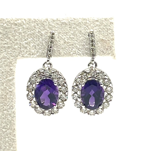 9ct White Gold Amethyst and Diamond Cluster Drop Earrings