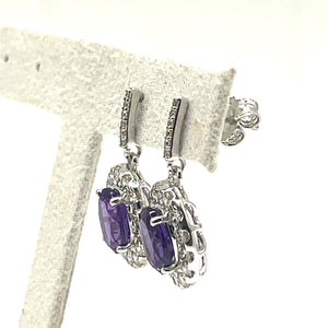9ct White Gold Amethyst and Diamond Cluster Drop Earrings