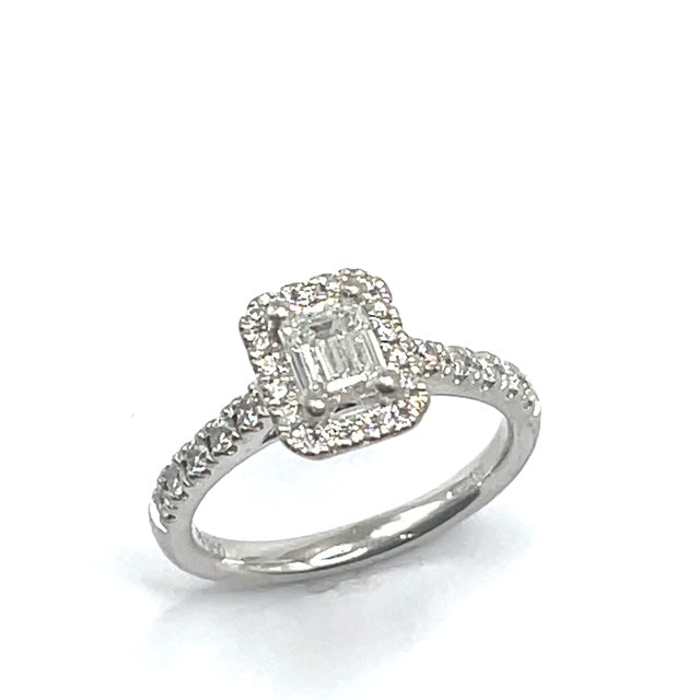 Secondhand Platinum Emerald Cut Diamond Halo Ring