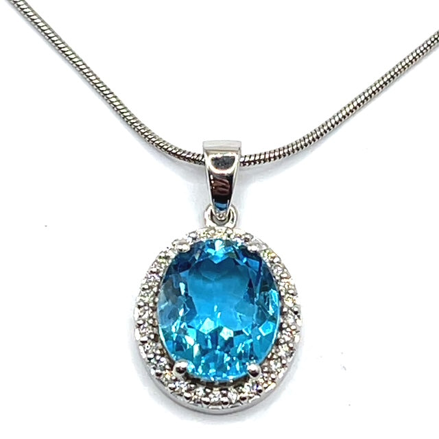 9ct White Gold Swiss Blue Topaz and Diamond Necklace