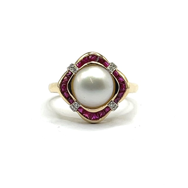 9ct Gold Pearl and Ruby Ring
