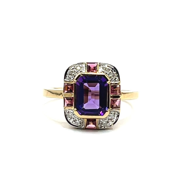 9ct Gold Amethyst and Pink Tourmaline Deco Inspired Ring