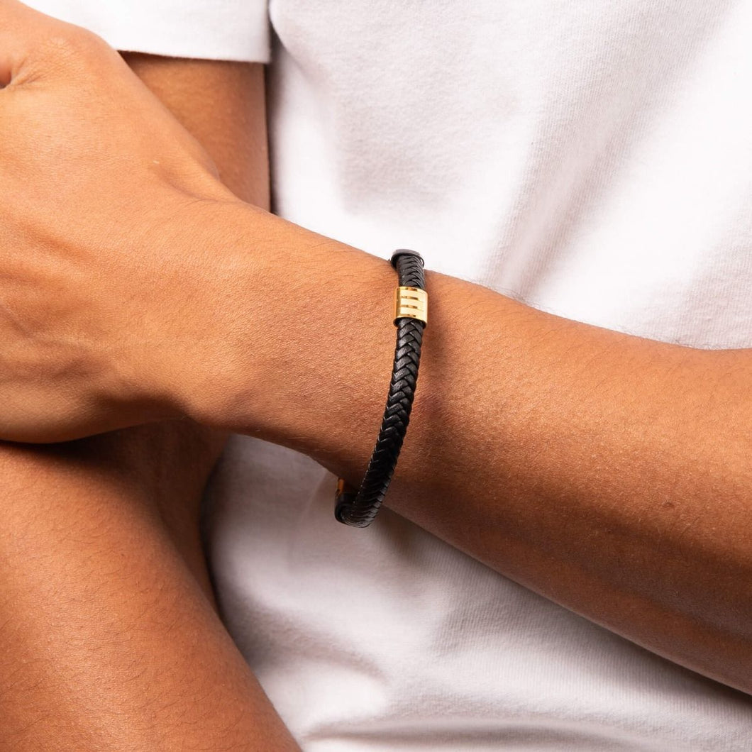 Black Leather Bracelet - Black and Yellow Plated Clasp