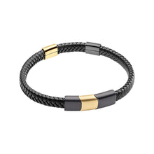 Load image into Gallery viewer, Black Leather Bracelet - Black and Yellow Plated Clasp
