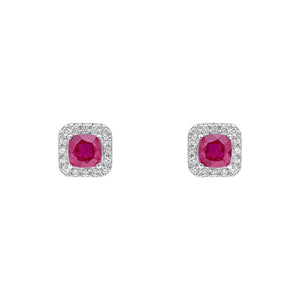 9ct White Gold Ruby and Diamond Cushion Halo Stud Earrings
