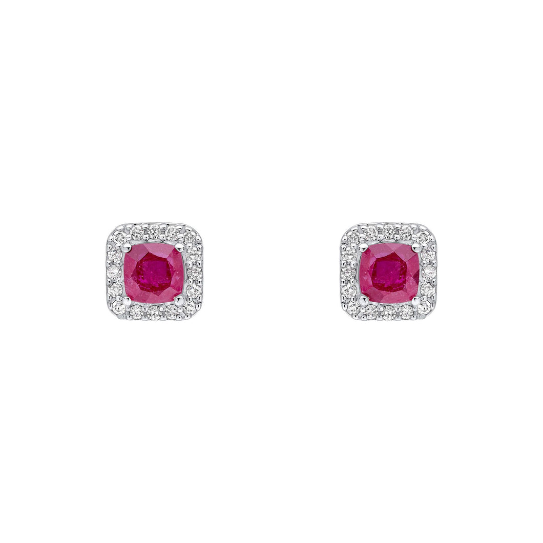 9ct White Gold Ruby and Diamond Cushion Halo Stud Earrings