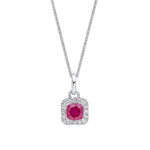 9ct White Gold Ruby and Diamond Cushion Halo Necklace