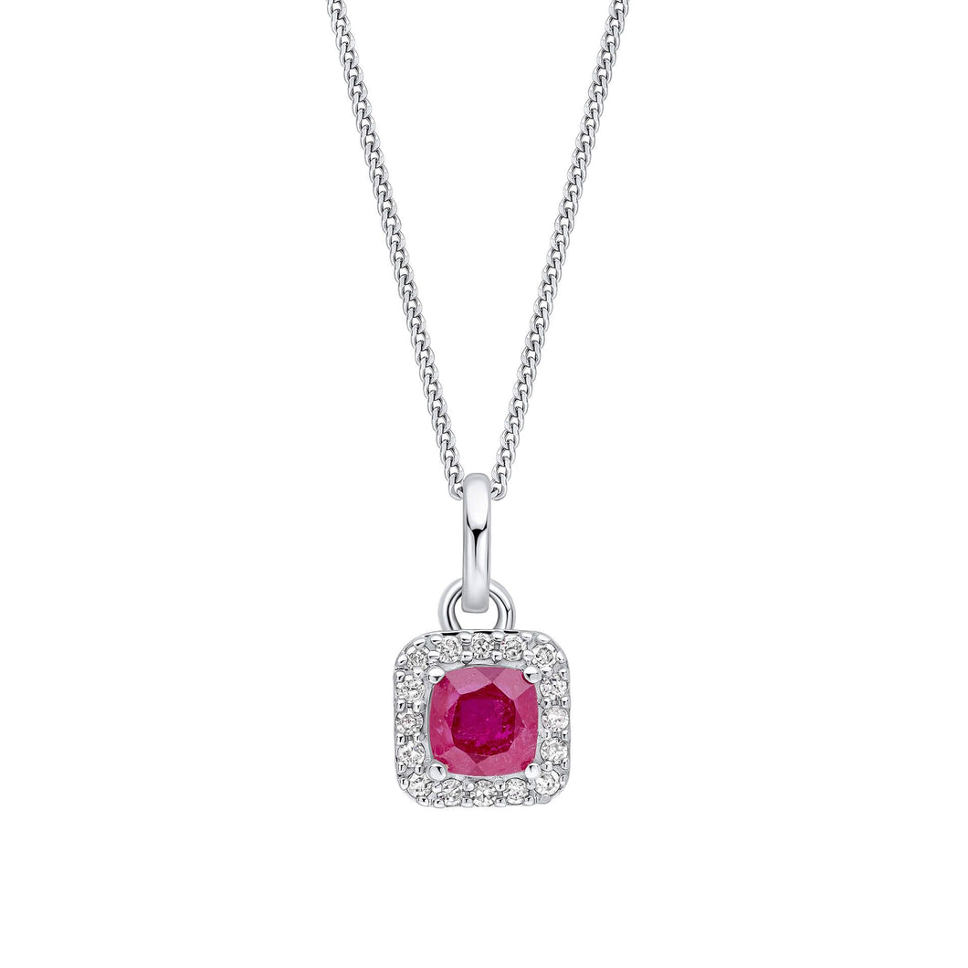 9ct White Gold Ruby and Diamond Cushion Halo Necklace