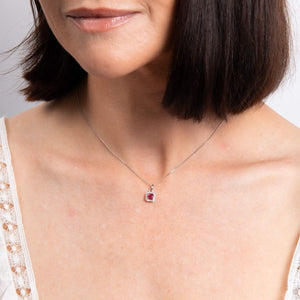 9ct White Gold Ruby and Diamond Cushion Halo Necklace