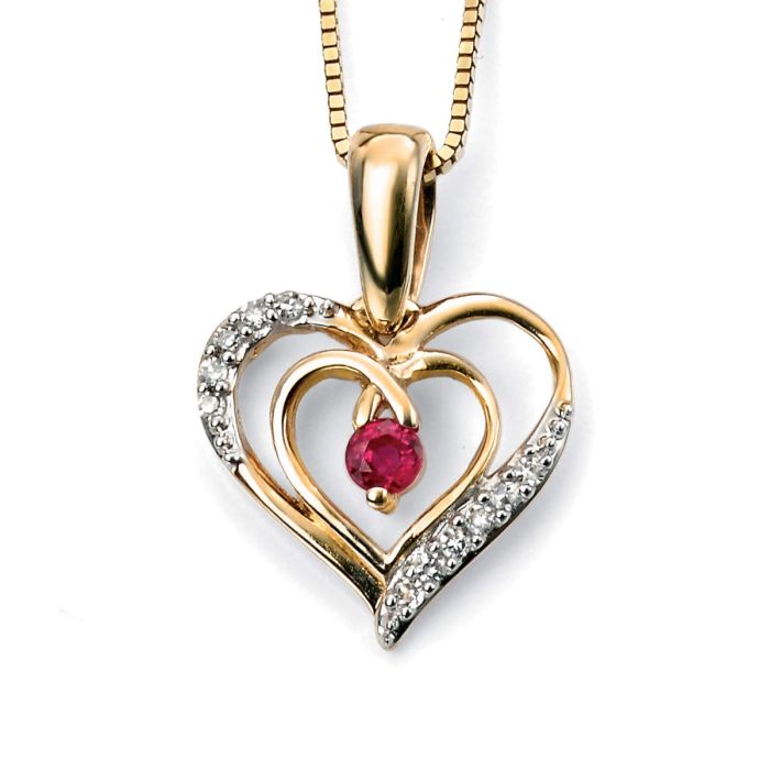 9ct Gold Ruby and Diamond Open Heart Necklace