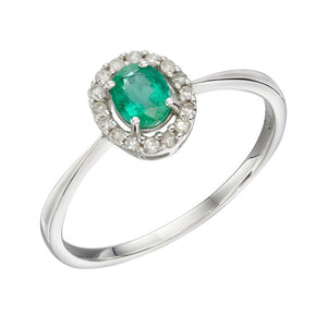9ct White Gold Emerald and Diamond Oval Halo Ring