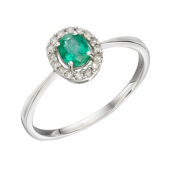 9ct White Gold Emerald and Diamond Oval Halo Ring