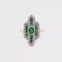 Load and play video in Gallery viewer, 9ct Gold Emerald and Diamond Deco Ring

