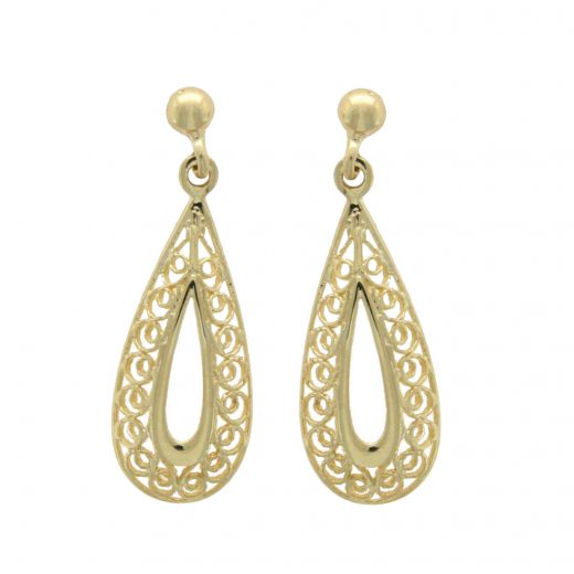 9ct Gold Pear Shaped Filigree Drop Earrings