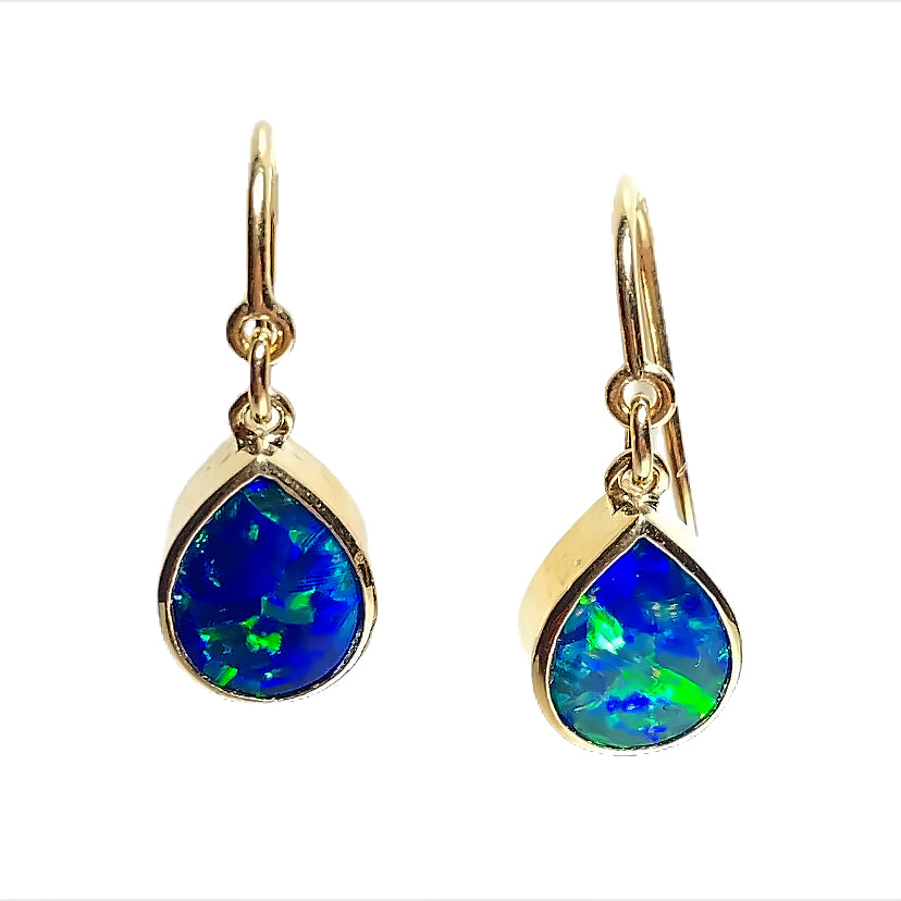 Black Opal Gemstone Long Opal Earrings 9ct Gold Black Opal Doublet