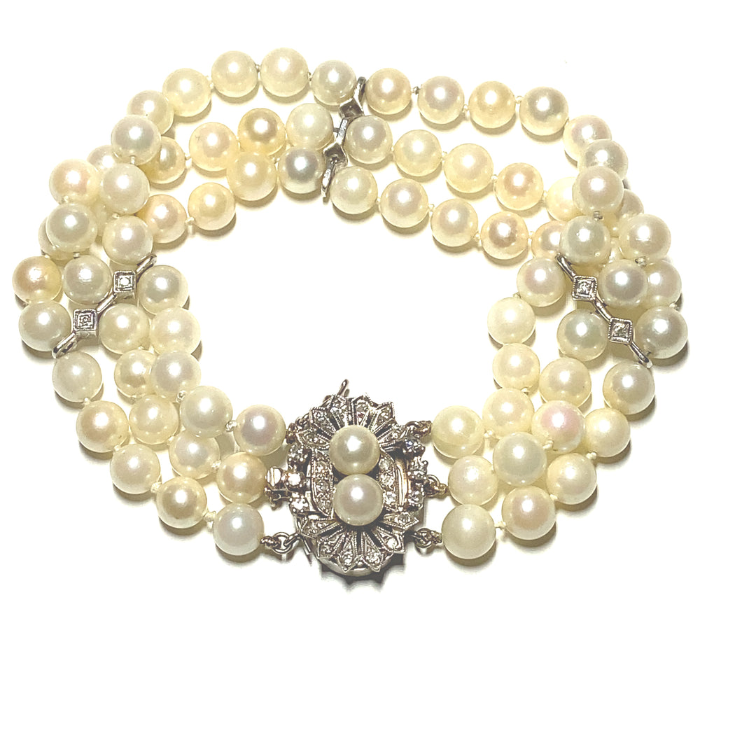 Secondhand 14k White Gold Triple Row Pearl Bracelet