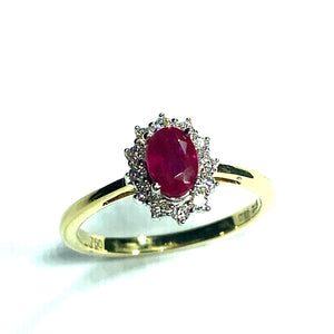 18ct Gold Ruby and Diamond Oval Cluster Ring