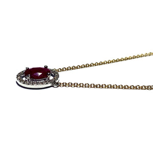 18ct Gold Ruby and Diamond Oval Halo Necklace