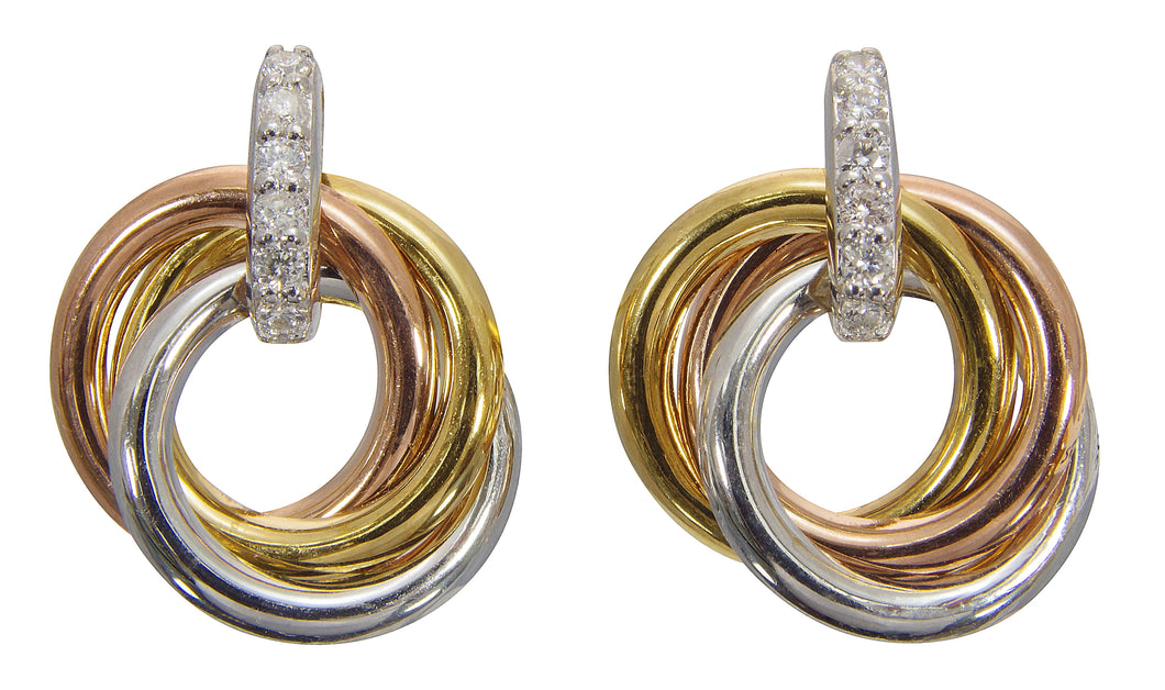 9ct Three Colour Gold Diamond Knot Drop Earrings