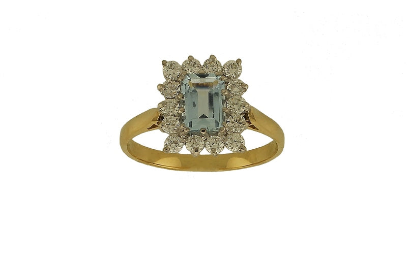 18ct Gold Aquamarine & Diamond Octagonal Cluster Ring