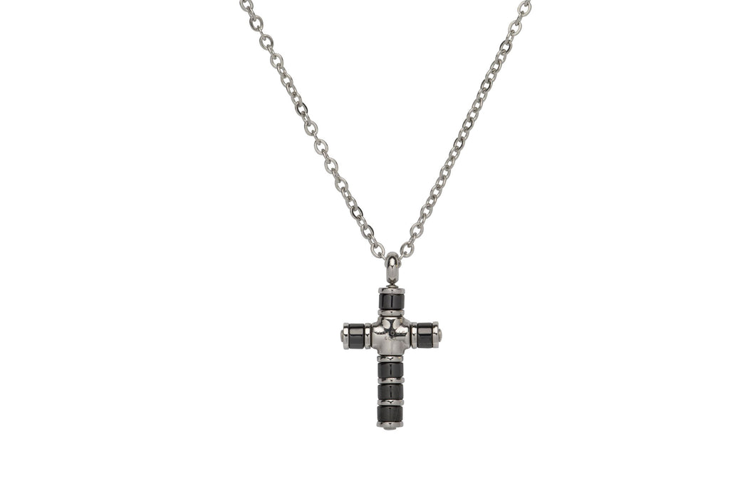 Steel and Black IP Plated Cross and Chain