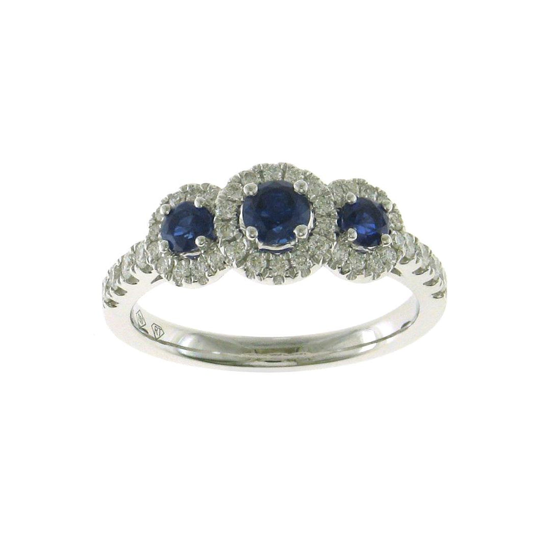 18ct White Gold Sapphire and Diamond Triple Cluster Ring with Diamond Shoulders