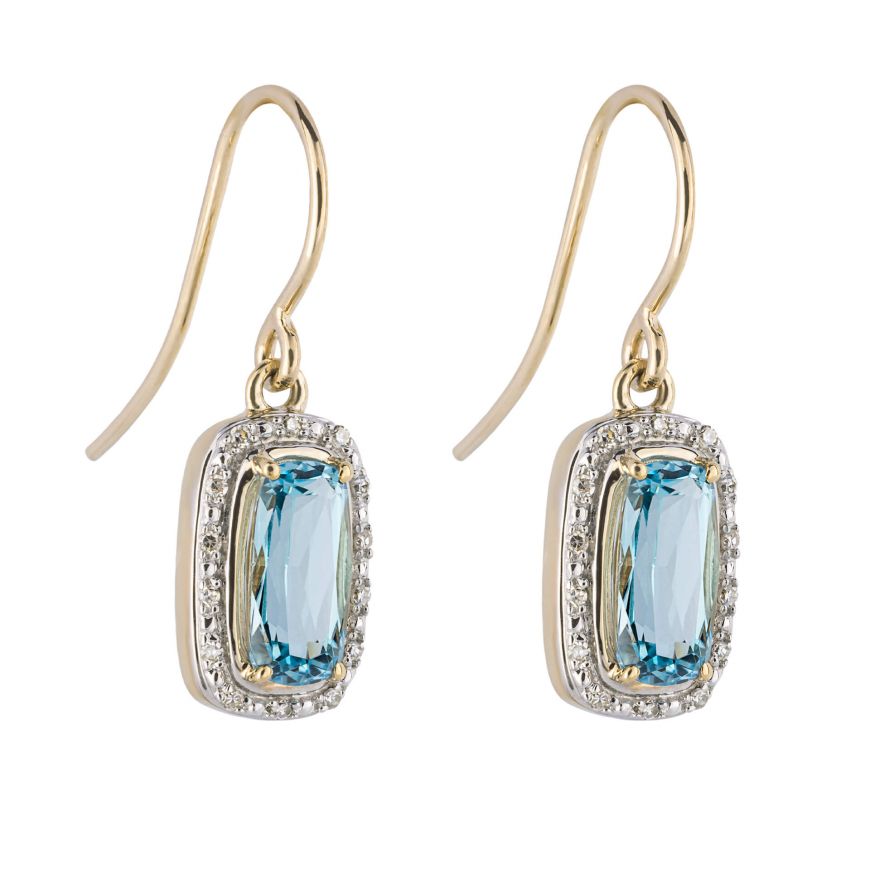 9ct Gold Sky Blue Topaz and Diamond Elongated Drop Earrings