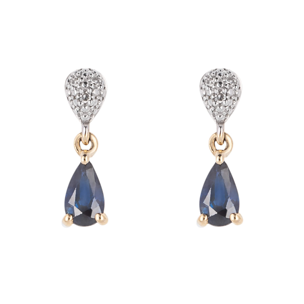 9ct Gold Diamond and Sapphire Pear Drop Earrings