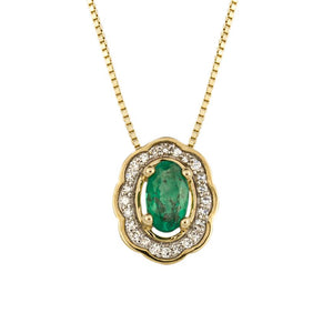 9ct Gold Wave Halo Emerald and Diamond Pendant