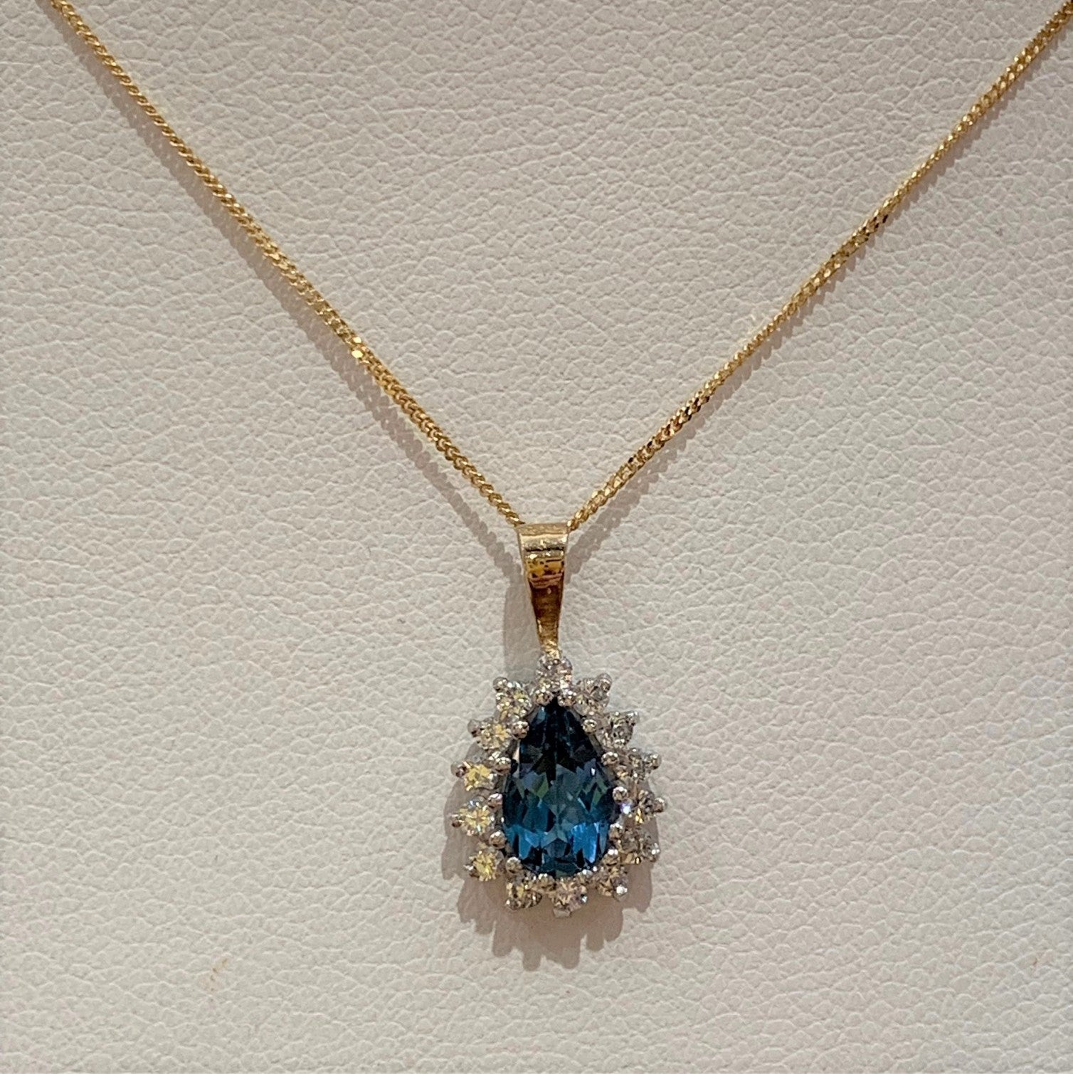 9ct Gold, Diamond and Pear Shaped Blue Topaz Necklace - Fotheringham Gallery