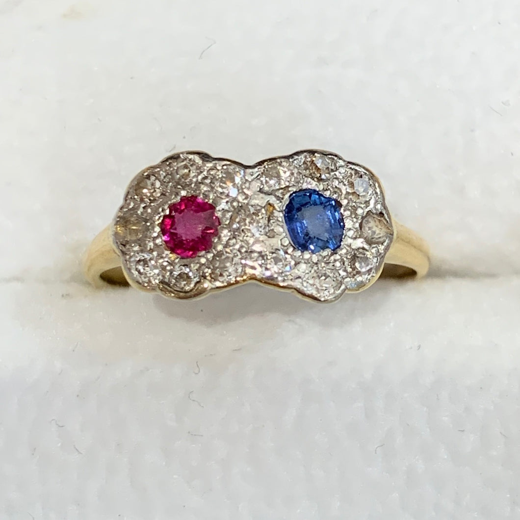 Secondhand Antique Ruby, Sapphire and Diamond Double Cluster Ring
