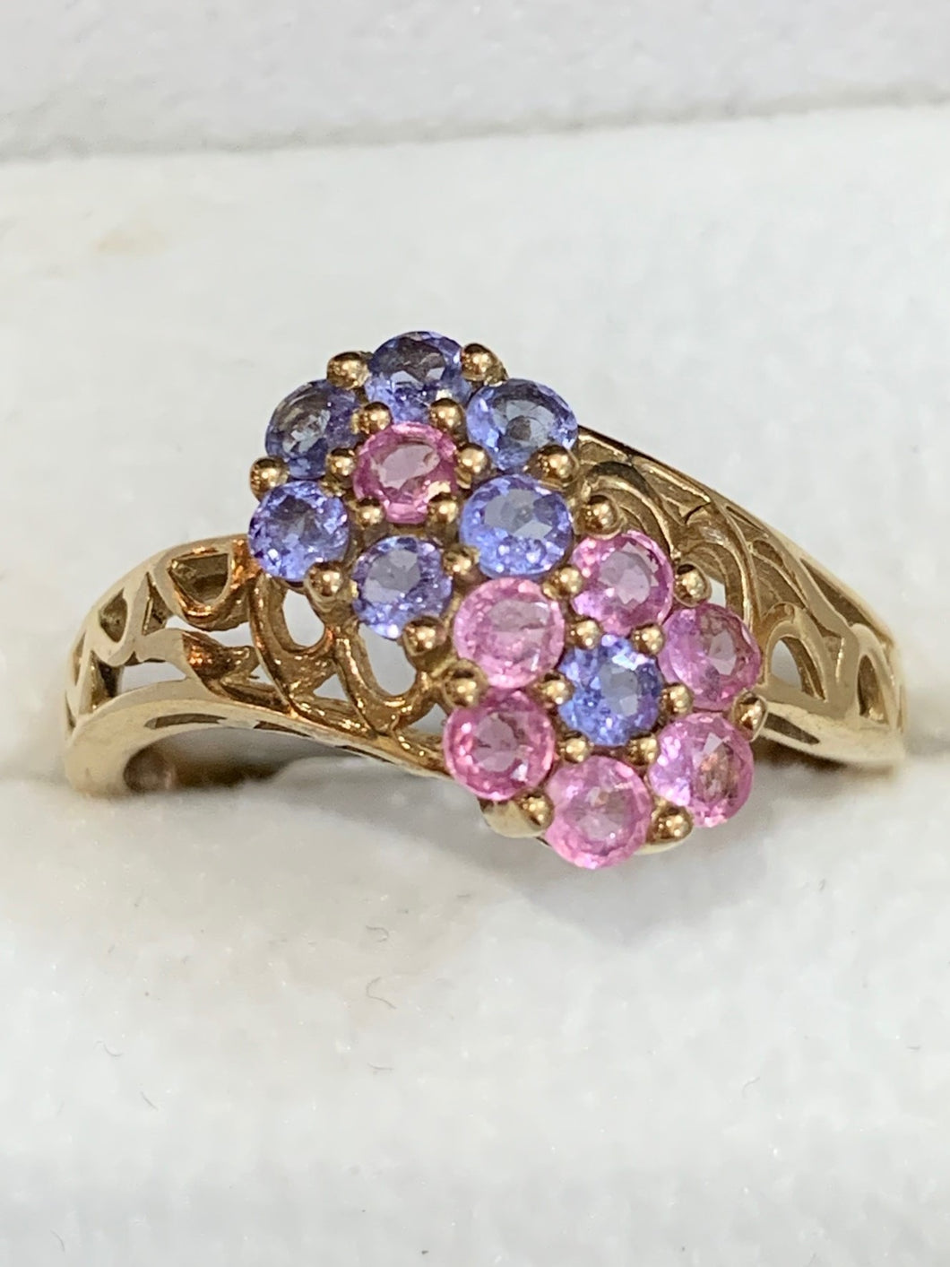Secondhand Tanzanite and Pink Sapphire Cross Over Ring