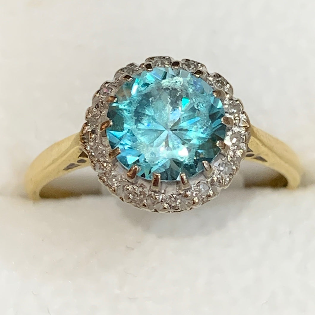 Secondhand Blue Zircon and Diamond Round Cluster Ring