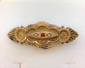 Secondhand Antique Ruby & Pearl Memorial Brooch