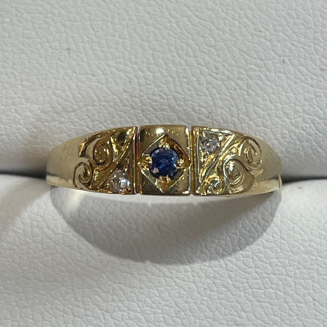 Secondhand Gold Antique Style Band Ring with Sapphires and Diamonds