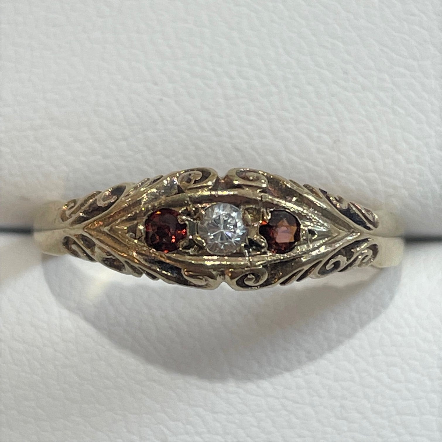 Secondhand 9ct Gold Cubic Zirconia and Garnet Antique Style Ring Plants The Jewellers