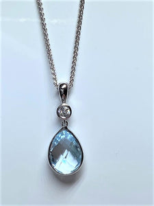 9ct White Gold Blue Topaz and Diamond Pear Drop Necklace