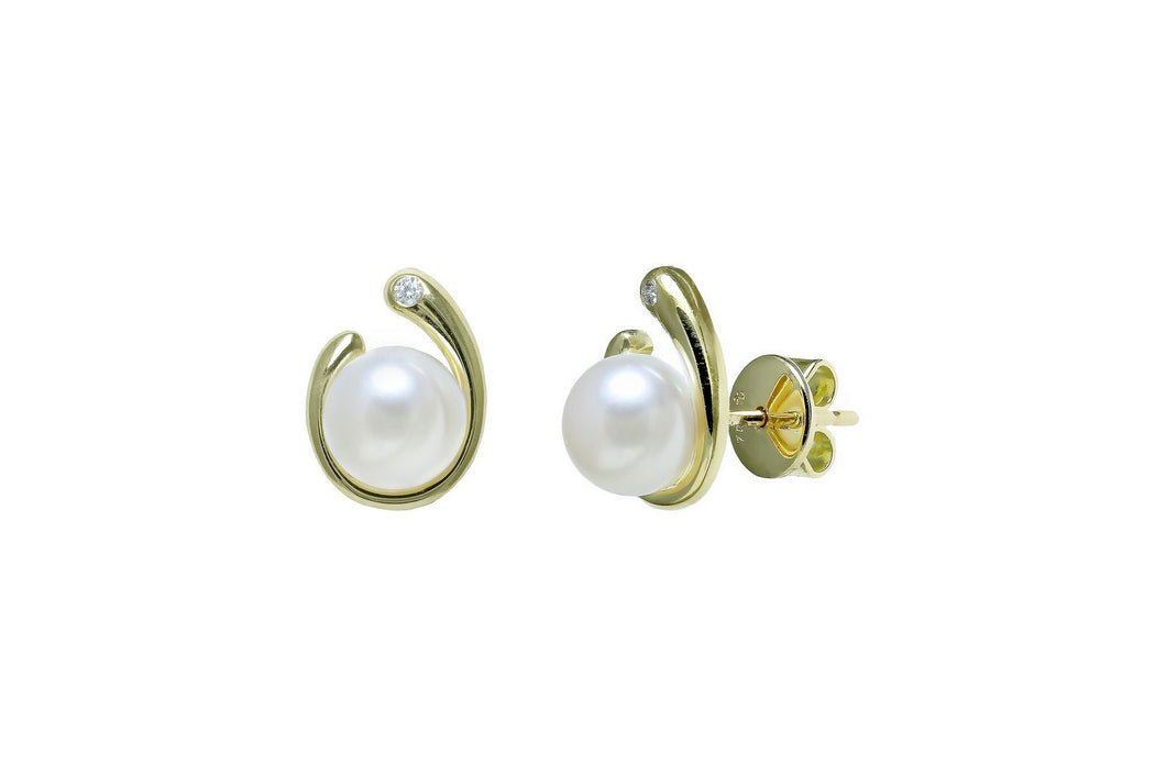 18ct Yellow Gold Cultured Pearl and Diamond Curl Stud Earrings