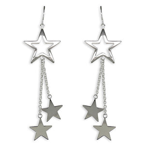 Silver Double Star Chain Drop Earrings