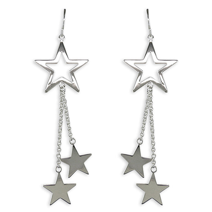 Silver Double Star Chain Drop Earrings
